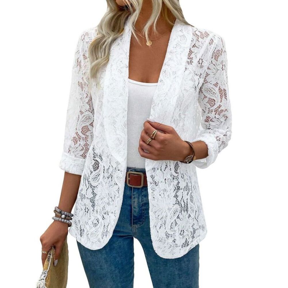 Clearlove -  Women’s Elegant Lace Front-Open Long Sle White